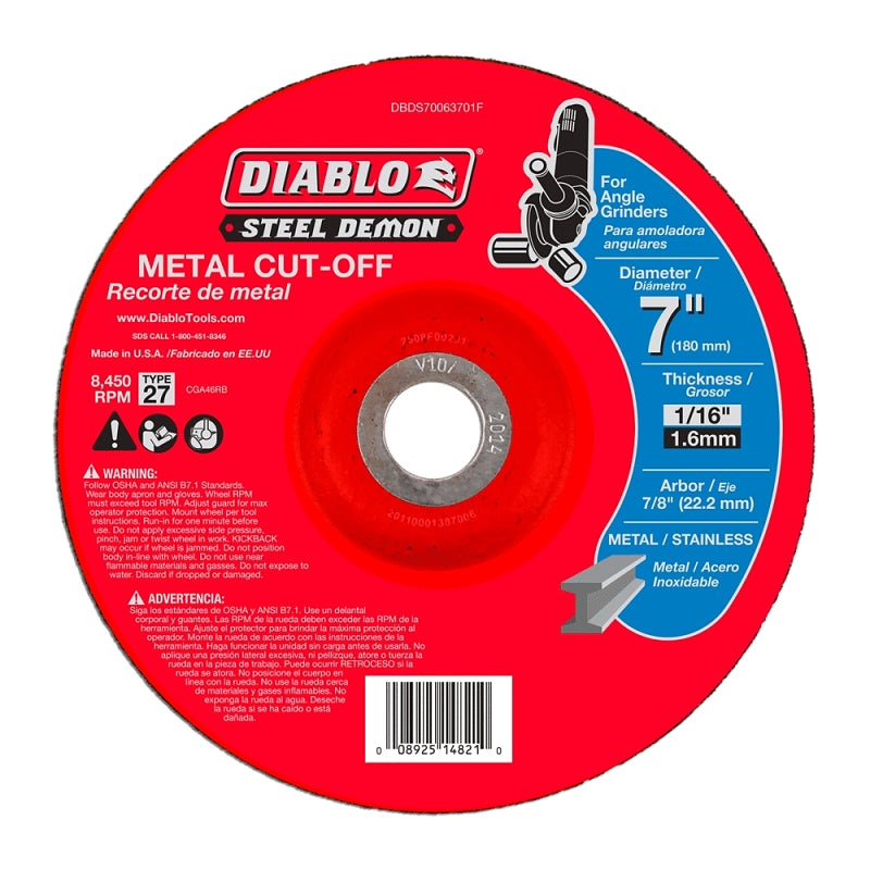 DIABLO Diablo Steel Demon DBDS70063701F Cut-Off Disc, 7 in Dia, 1/16 in Thick, 7/8 in Arbor, Ceramic Abrasive TOOLS DIABLO