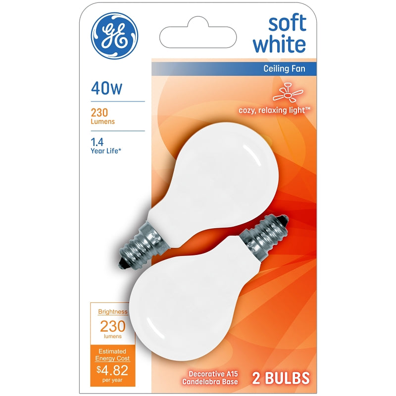 GE GE 71394 Ceiling Fan Bulb, 40 W, A15 Lamp, E12 Candelabra Lamp Base, 230 Lumens, 2500 K Color Temp, White Light ELECTRICAL GE
