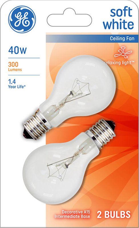 GE GE 74038 Light Bulb, 40 W, A15 Lamp, E17 Intermediate Lamp Base, 300 Lumens, 2500 K Color Temp, Soft White Light ELECTRICAL GE
