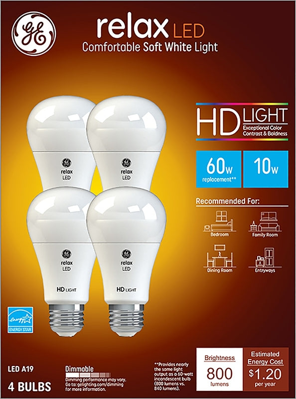 GE GE 96687 LED Bulb, General Purpose, 800 Lumens, 10 W, A19 Lamp, 60 W Equivalent, E26 Lamp Base, Dimmable, Soft White ELECTRICAL GE