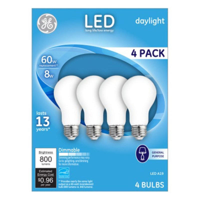 GE GE Industrial Solutions 93098314 LED Bulb, General Purpose, 750 Lumens, 8 W, A19 Lamp, 60 W Equivalent, Medium Lamp Base