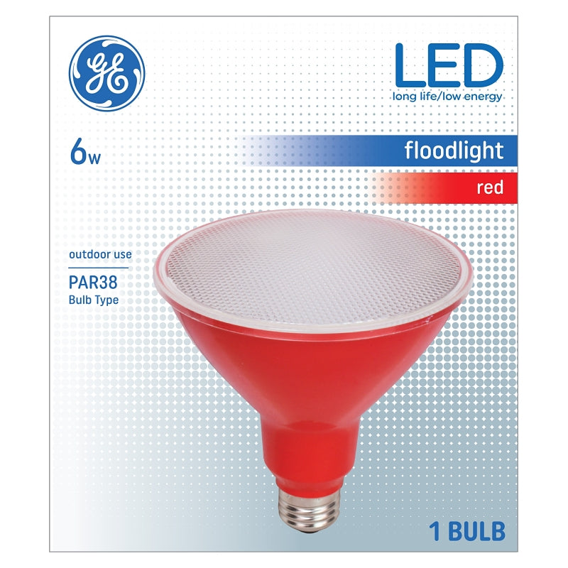 GE GE 93100880 Floodlight Bulb, Decorative, PAR38 Lamp, Medium (E26) Lamp Base, Non-Dimmable, Red ELECTRICAL GE