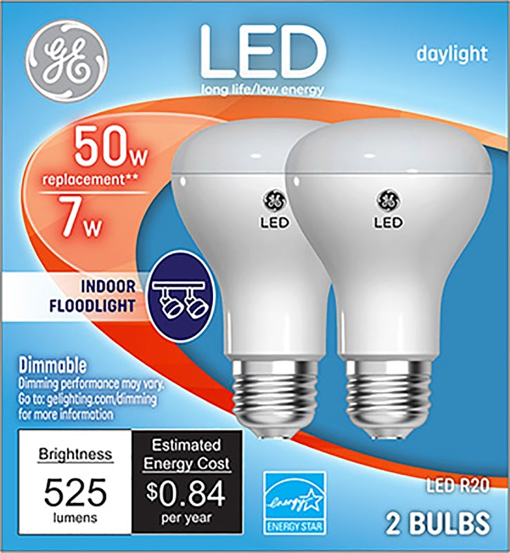 GE GE 93116049 Light Bulb, Directional, R20 Lamp, 50 W Equivalent, Medium Lamp Base, Dimmable, Clear, Daylight