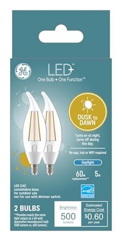GE GE LED+ 93121491 Dusk To Dawn Light Bulb, CAC Lamp, 60 W Equivalent, Candelabra (E12) Lamp Base, Non-Dimmable ELECTRICAL GE