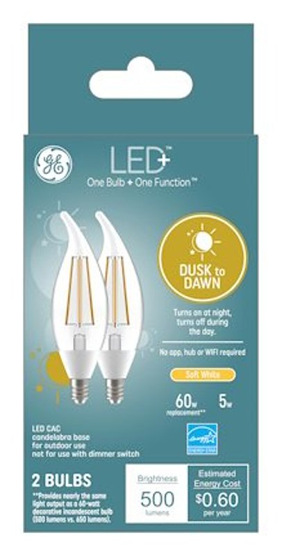 GE GE LED+ 93121492 Dusk To Dawn Light Bulb, CAC Lamp, 60 W Equivalent, Candelabra (E12) Lamp Base, Non-Dimmable, Clear ELECTRICAL GE