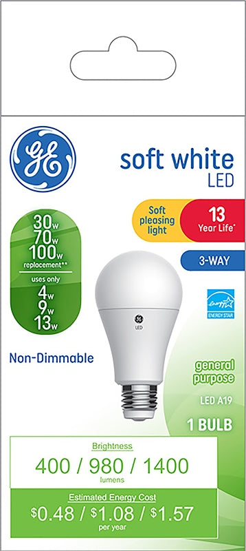 GE GE 93126861 Light Bulb, 3-Way, A19 Lamp, 30, 70, 100 W Equivalent, Medium Lamp Base, Non-Dimmable, White ELECTRICAL GE
