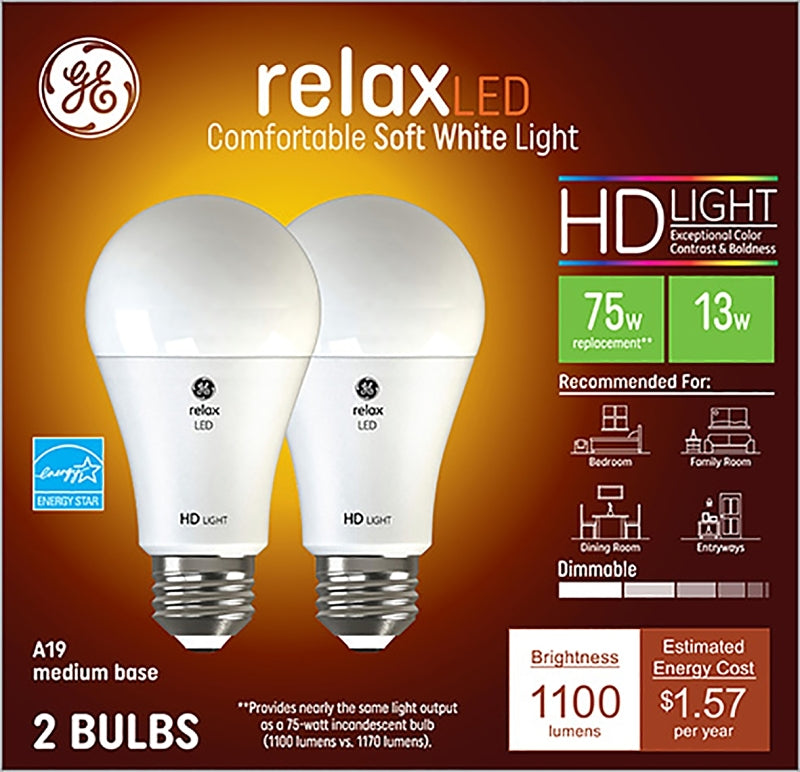 GE GE Relax 93127613 Light Bulb, General-Purpose, High-Definition, A19 Lamp, 75 W Equivalent, Medium (E26) Lamp Base ELECTRICAL GE