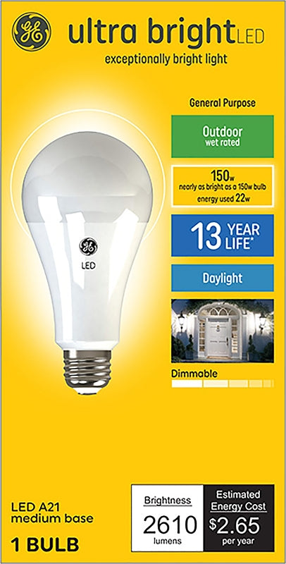 GE GE Ultra Bright 93129363 Light Bulb, A21 Lamp, 150 W Equivalent, Medium (E26) Lamp Base, Dimmable, Daylight ELECTRICAL GE