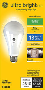 GE GE Ultra Bright 93129366 Light Bulb, A23 Lamp, 150 W Equivalent, Medium (E26) Lamp Base, Dimmable, Soft White Light ELECTRICAL GE