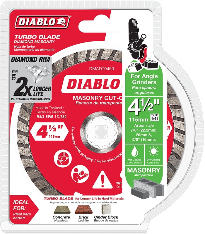 DIABLO Diablo DMADT0450 Cut-Off Disc, 4-1/2 in Dia, 7/8 in, 5/8 in, 20 mm Arbor, Diamond Cutting Edge, Turbo Rim TOOLS DIABLO