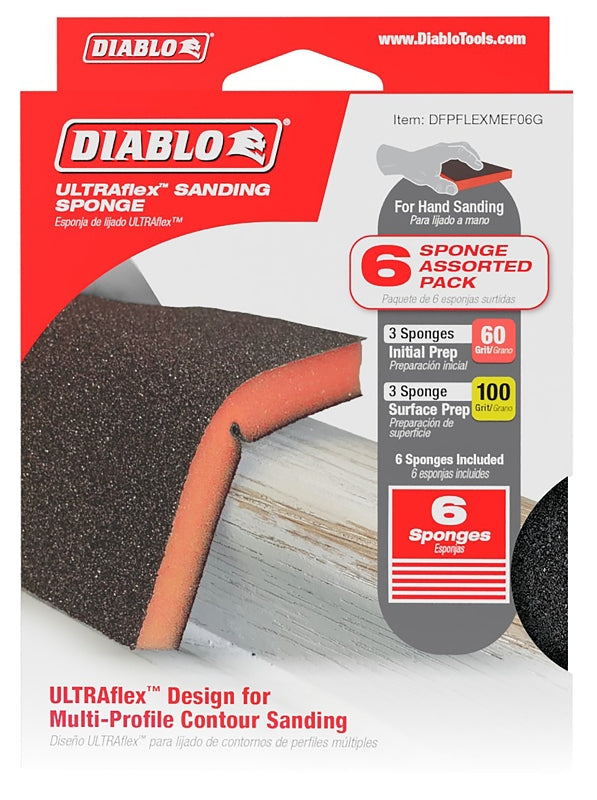 DIABLO Diablo ULTRAflex DFPFLEXMEF06G Sanding Sponge Assorted Pack, 5 in L, 4 in W, 60, 100 Grit, Fine, Medium