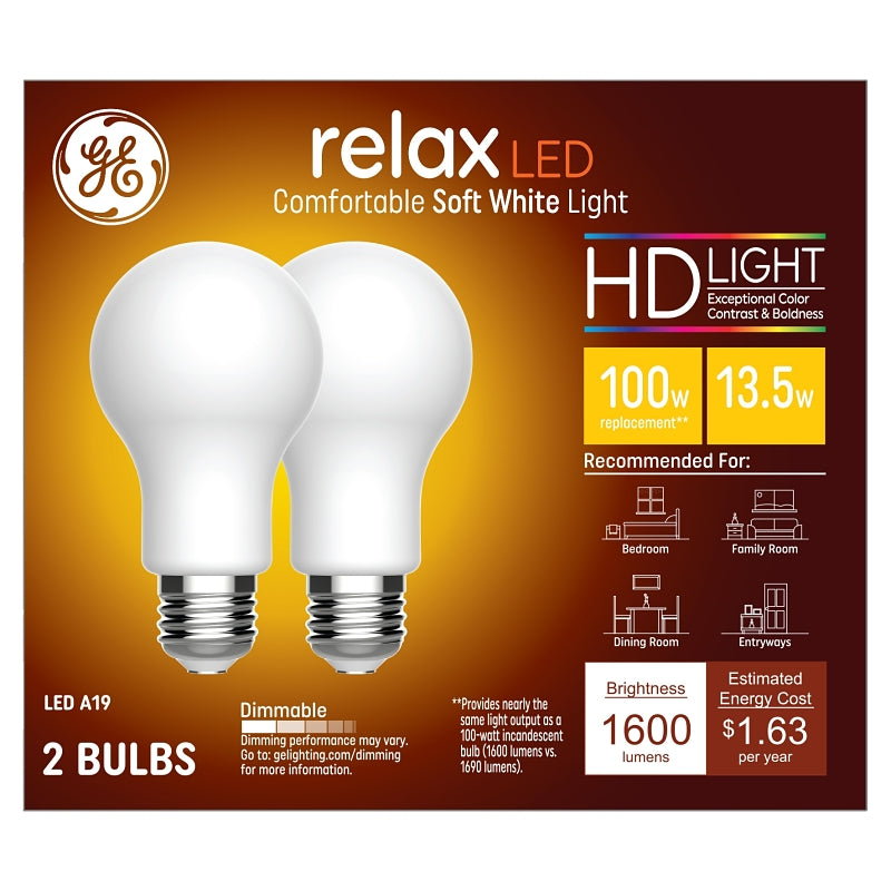 GE GE 93129807 HD + LED Light Bulb, A19 Lamp, 100 W Equivalent, E26/24 Medium Lamp Base, Dimmable, White, Soft White Light ELECTRICAL GE