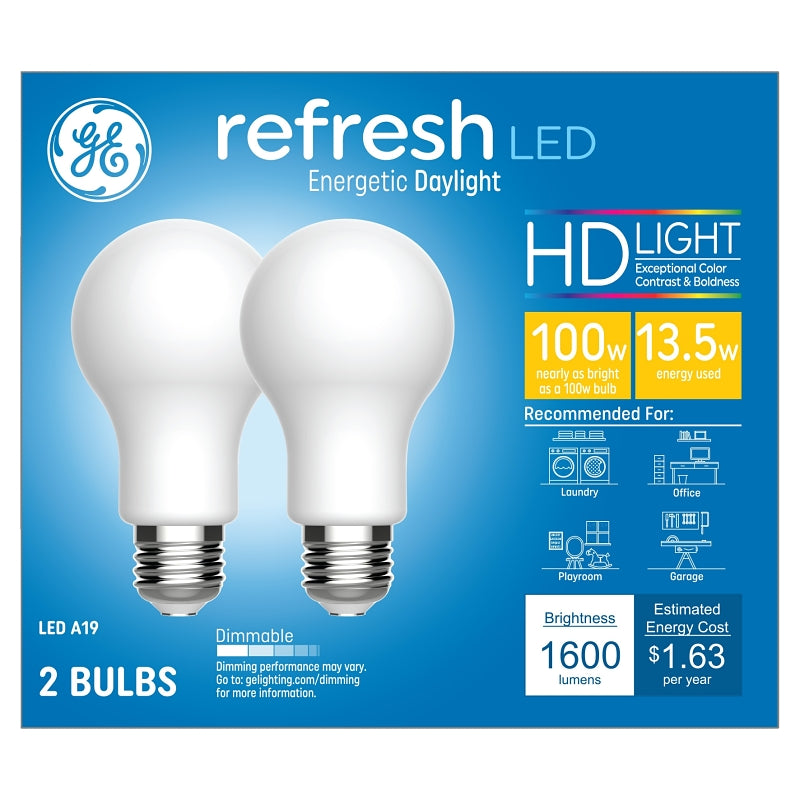 GE GE 93129808 LED Light Bulb, A19 Lamp, 100 W Equivalent, E26/24 Medium Lamp Base, Dimmable, White, Daylight Light ELECTRICAL GE