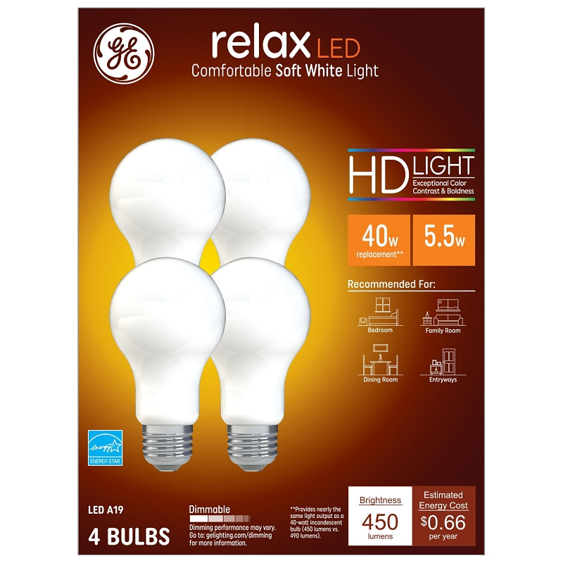 GE GE 93129437 LED Light Bulb, A19 Lamp, 40 W Equivalent, E26 Medium Lamp Base, Dimmable, Soft White Light, 2700 K Color Temp