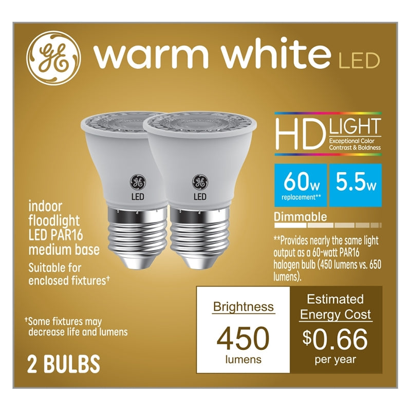 GE GE 93129799 LED Bulb, PAR16 Lamp, 65 W Equivalent, Medium Lamp Base, Dimmable, Warm White, 3000 K Color Temp ELECTRICAL GE