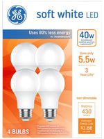 GE GE 93131062 LED Light Bulb, General-Purpose, A19 Lamp, 40 W Equivalent, E26 Medium Lamp Base, Non-Dimmable ELECTRICAL GE
