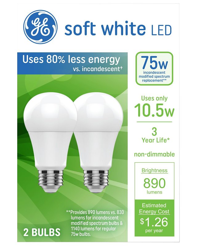GE GE 93131321 LED Light Bulb, A19 Lamp, 75 W Equivalent, Medium Lamp Base, Non-Dimmable, Soft White/Warm White