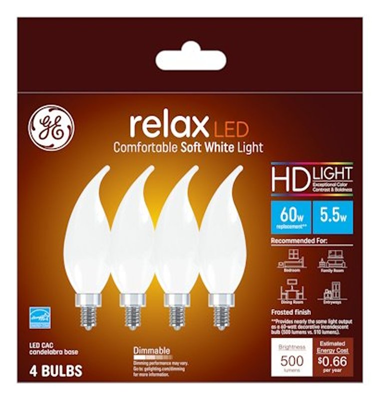 GE GE Industrial Solutions 36986 LED Bulb, Decorative, 500 Lumens, 5.5 W, CAC Lamp, E12 Lamp Base, Dimmable, Frosted