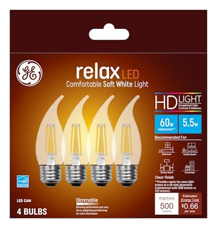 GE GE Industrial Solutions 43255 LED Bulb, Decorative, 500 Lumens, 5.5 W, CAM Lamp, E26 Lamp Base, Dimmable, Clear ELECTRICAL GE