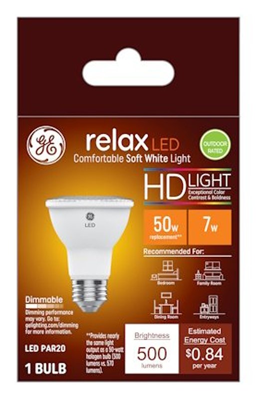 GE GE Industrial Solutions 45441 LED Bulb, Flood/Spotlight, 500 Lumens, 7 W, PAR20 Lamp, 50 W Equivalent, E26 Lamp Base