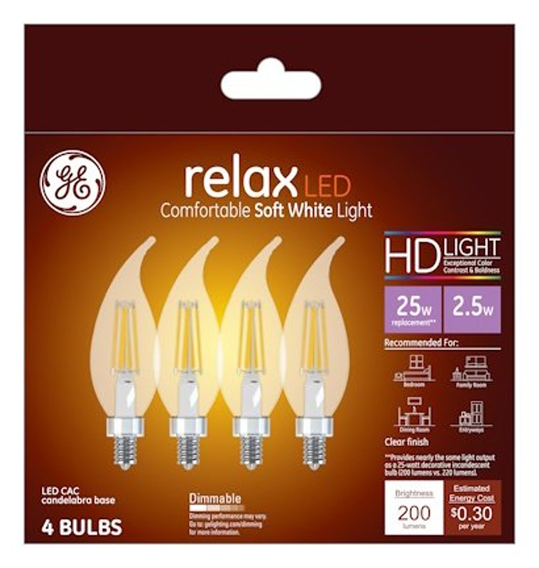 GE GE Industrial Solutions 45555 LED Bulb, Decorative, 200 Lumens, 2.5 W, CAC Lamp, E12 Lamp Base, Dimmable, Soft White ELECTRICAL GE