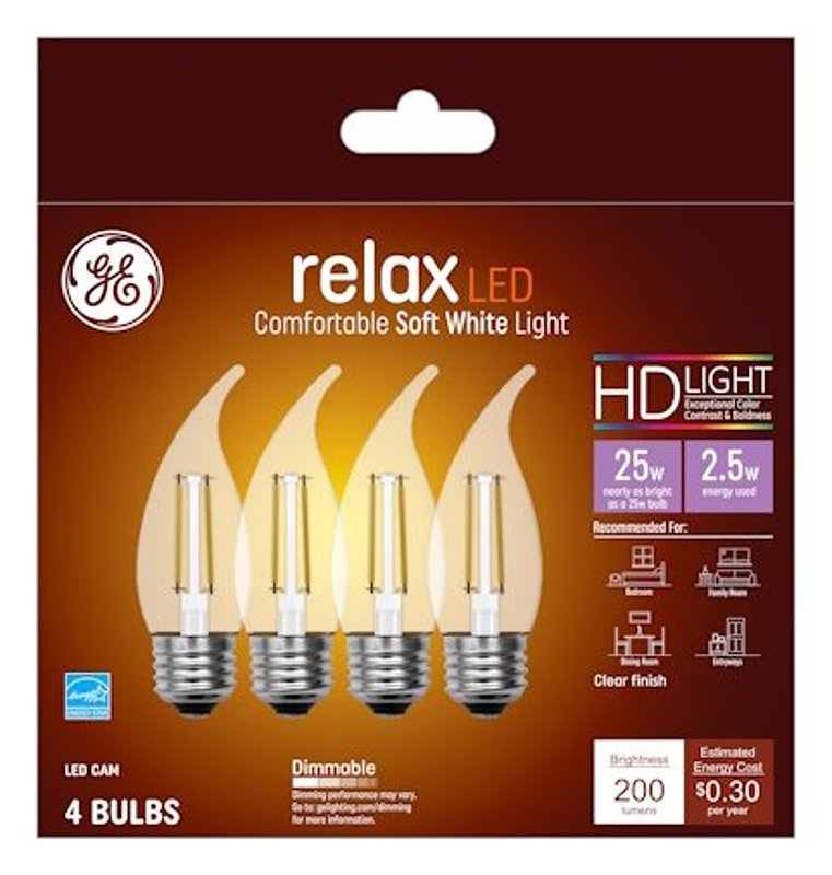 GE GE Industrial Solutions 45576 LED Bulb, Decorative, 200 Lumens, 2.5 W, CAM Lamp, E26 Lamp Base, Dimmable, Clear