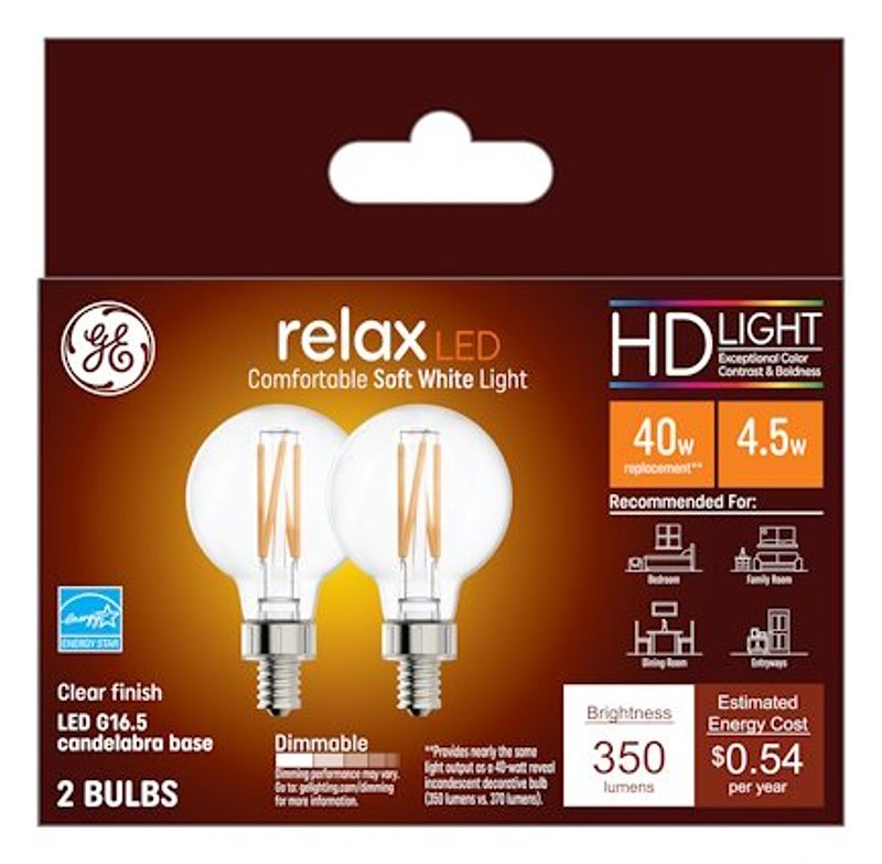 GE GE Industrial Solutions 45695 LED Bulb, Globe, 350 Lumens, 4.5 W, G16.5 Lamp, E12 Lamp Base, Dimmable, Soft White ELECTRICAL GE