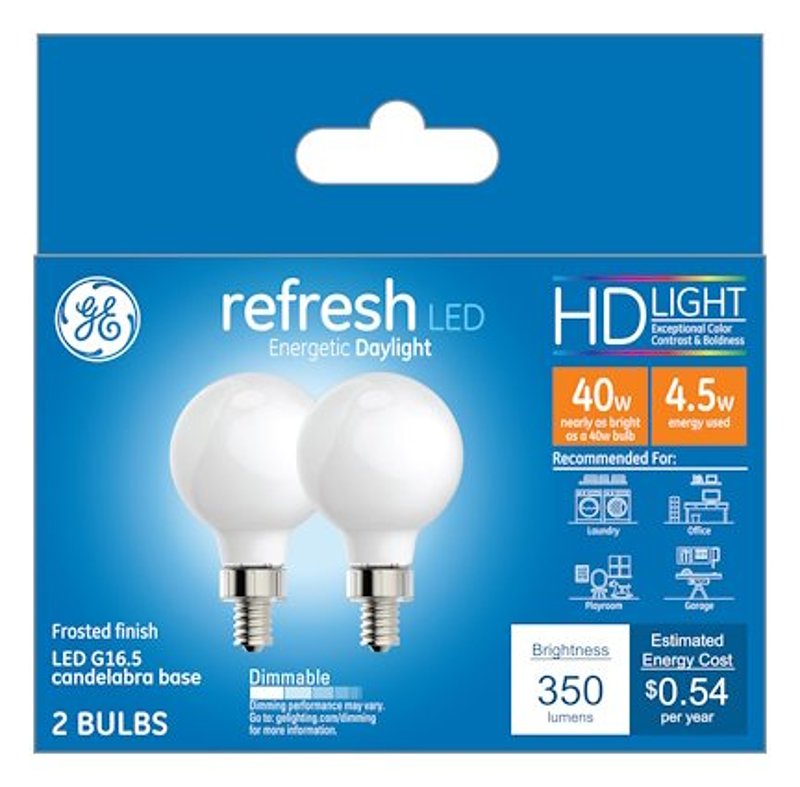 GE GE Industrial Solutions 45715 LED Bulb, 120 V, 350 Lumens, 4.5 W, G16.5 Lamp, E12 Lamp Base, Dimmable, Daylight