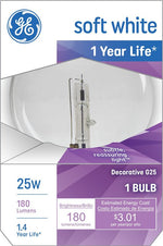 GE GE 12982 Light Bulb, CC-6 Filament, 3.12 in Dia x 4.5 in L Dimensions, 25 W, G25 Lamp, E26 Medium Lamp Base, 180 Lumens ELECTRICAL GE