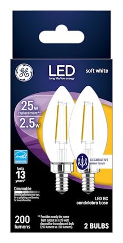 GE GE 22560 LED Bulb, Decorative, BC Lamp, 25 W Equivalent, E12 Lamp Base, Dimmable, Soft White Light, 2700 K Color Temp ELECTRICAL GE