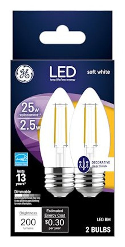 GE GE 22589 LED Bulb, Decorative, BM Lamp, 25 W Equivalent, Medium Lamp Base, Dimmable, Soft White Light, 2700 K Color Temp ELECTRICAL GE