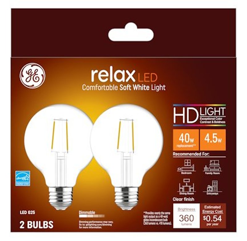 GE GE 31536 Relax LED Bulb, Globe, G25 Lamp, 40 W Equivalent, E26 Lamp Base, Dimmable, Clear, Soft White Light