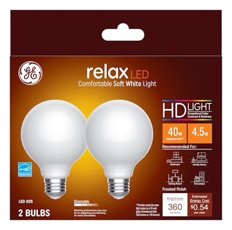 GE GE 31541 Relax LED Bulb, Globe, G25 Lamp, 40 W Equivalent, E26 Lamp Base, Dimmable, Frosted, Soft White Light ELECTRICAL GE