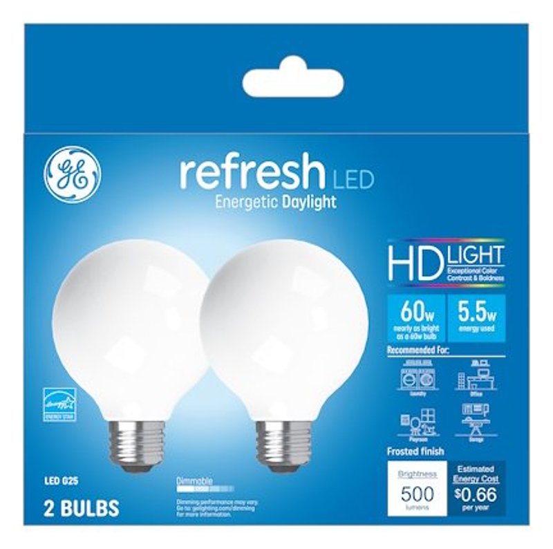GE GE Refresh Series 31709 Replacement LED Light Bulb, G25 Lamp, 60 W Equivalent, E26 Medium Lamp Base, Dimmable, Frosted