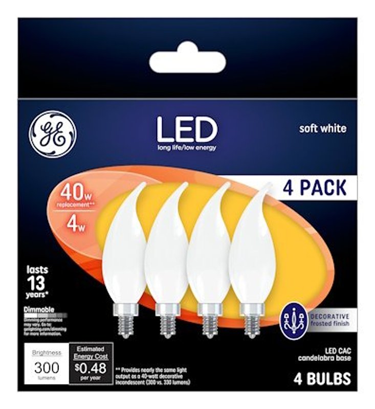 GE GE Industrial Solutions 37418 LED Bulb, Decorative, CAC Lamp, 40 W Equivalent, E12 Lamp Base, Dimmable, Frosted