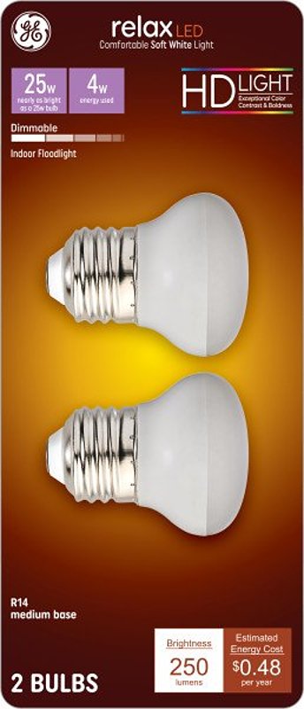 GE GE 46960 LED Bulb, R14 Lamp, 25 W Equivalent, Medium Lamp Base, Dimmable, 2700 K Color Temp