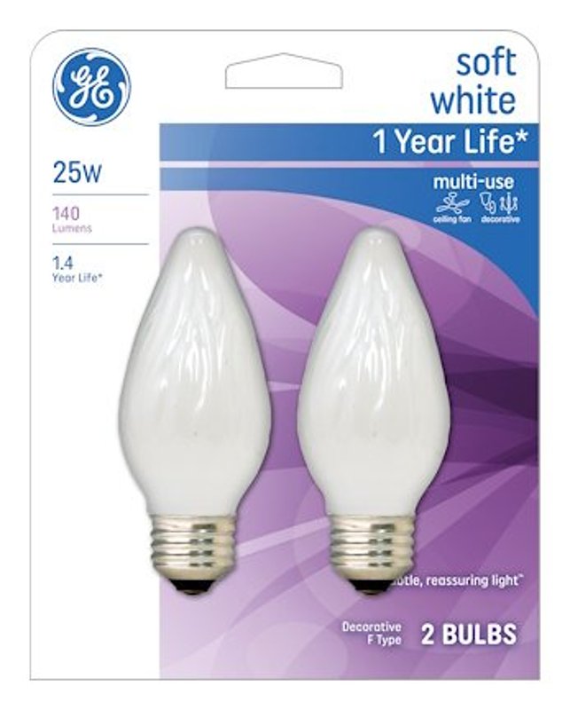 GE GE 75338 Ceiling Fan Bulb, 25 W, F15 Lamp, E26 Medium Lamp Base, 100 Lumens, 2400 K Color Temp, White Light ELECTRICAL GE