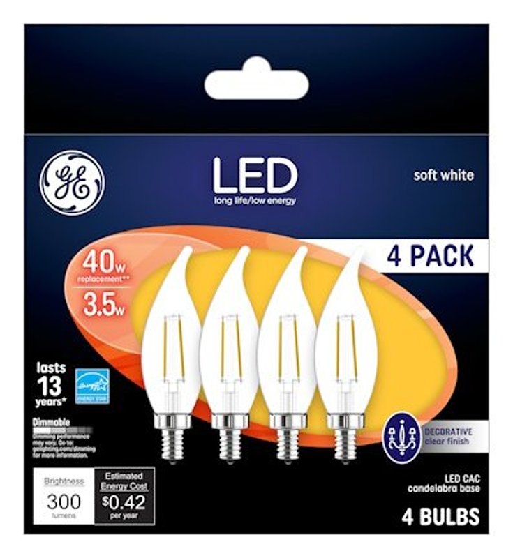 GE GE 92674 LED Bulb, Decorative, 300 Lumens, 4 W, CA Lamp, 40 W Equivalent, Dimmable, Soft White, 2700 K Color Temp ELECTRICAL GE