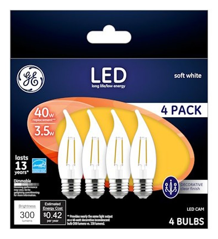 GE GE 92677 LED Bulb, 120 V, 300 Lumens, 4 W, CA Lamp, 40 W Equivalent, Dimmable, Soft White, 2700 K Color Temp