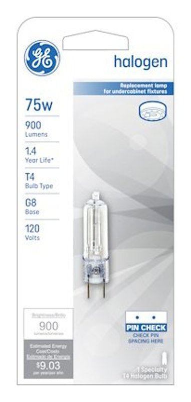 GE GE 97666 Halogen Bulb, 75 W, G8 Bi-Pin Lamp Base, T4 Lamp, Bright White Light, 900 Lumens, 2850 K Color Temp ELECTRICAL GE