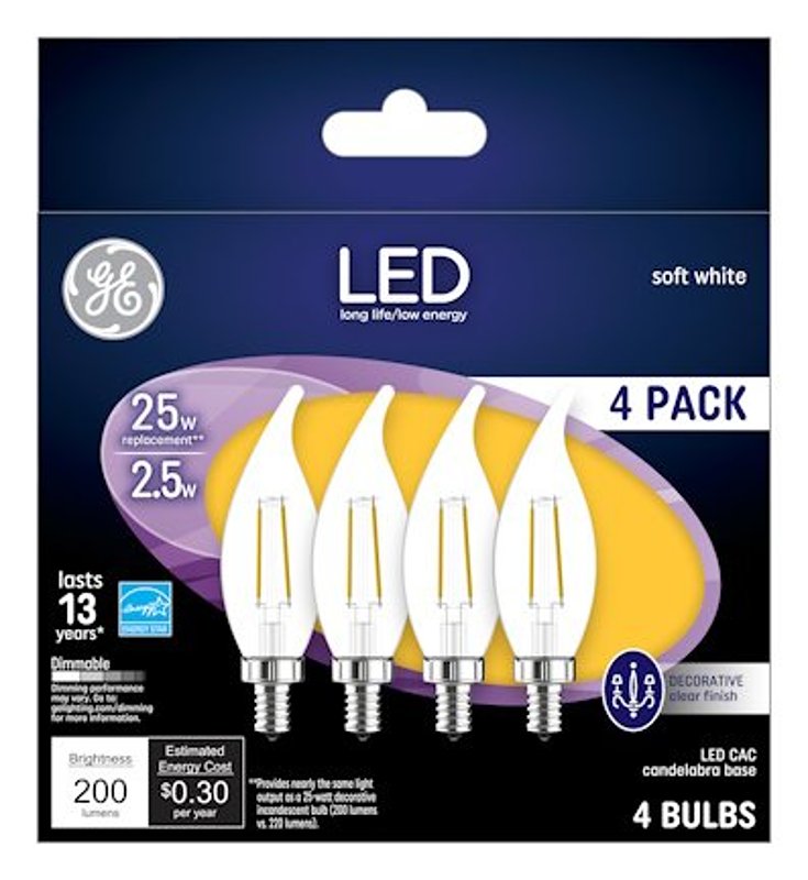 GE GE 99076 LED Bulb, Decorative, CA11 Lamp, 25 W Equivalent, Dimmable, Soft White Light, 2700 K Color Temp ELECTRICAL GE