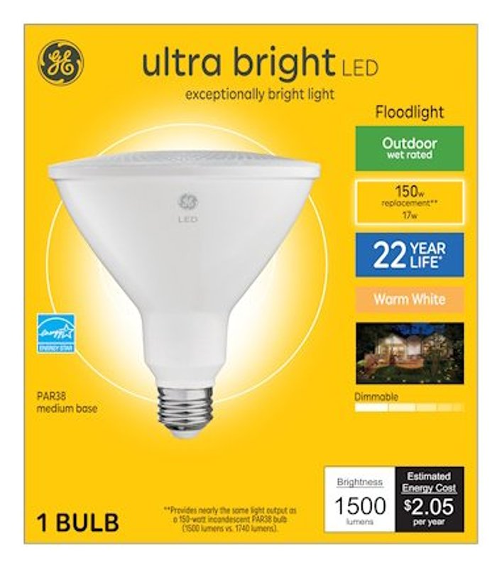 GE GE 93128005 LED Bulb, PAR38 Lamp, 150 W Equivalent, E26 Medium Lamp Base, Dimmable, 3000 K Color Temp ELECTRICAL GE