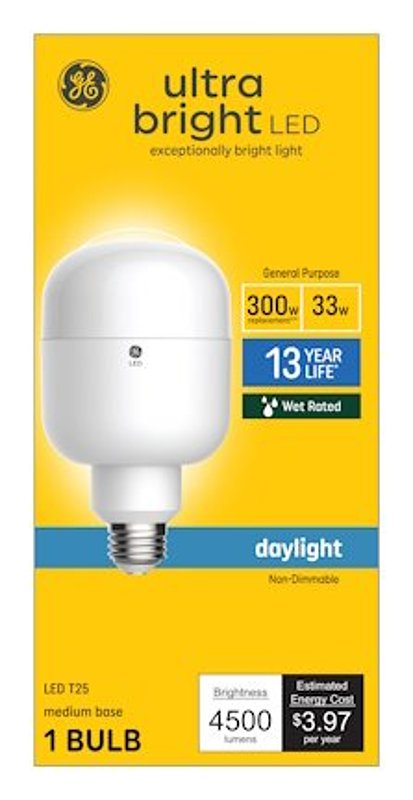 GE GE 93128936 LED Light Bulb, T25 Tubular Lamp, 300 W Equivalent, E26 Medium Lamp Base, Daylight Light, 5000 K Color Temp