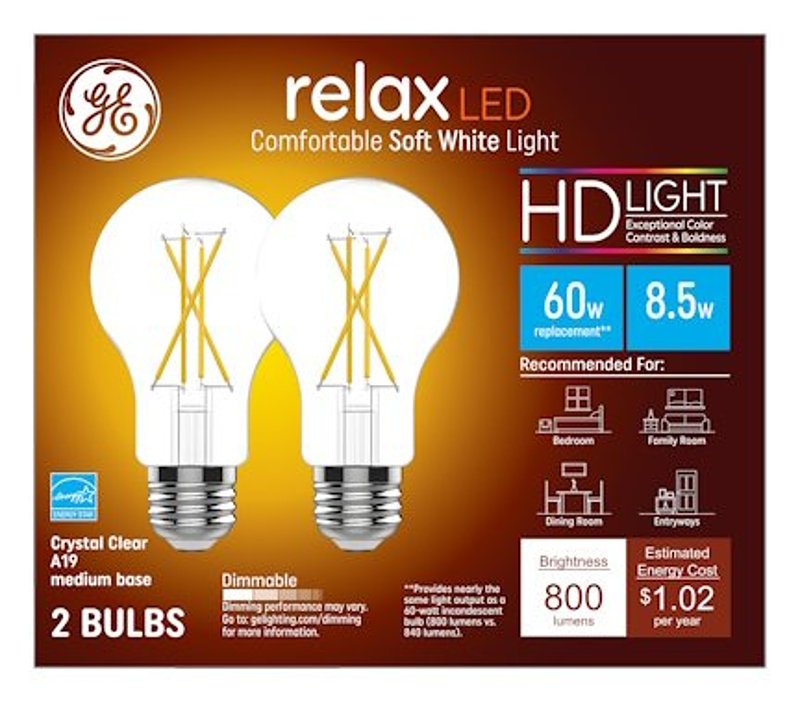 GE GE 93129016 LED Bulb, General-Purpose, A19 Lamp, 60 W Equivalent, E24/E26 Medium Lamp Base, Dimmable, Soft White Light ELECTRICAL GE