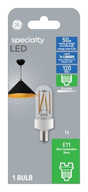 GE GE 93129027 LED Bulb, T4 Lamp, 50 W Equivalent, E11 Mini Candelabra Lamp Base, Dimmable, Clear, Soft White Light
