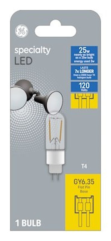 GE GE 93129030 Light Bulb, 25 W, G6.35 Lamp Base, T4 Lamp, Soft White Light, 250 Lumens, 3000 K Color Temp