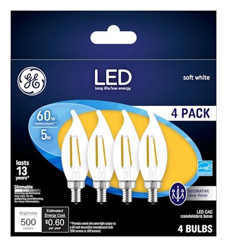 GE GE 93129333 Decorative LED Light Bulb, Bent Tip, 500 Lumens, 5 W, CAC Lamp, 60 W Equivalent, E12 Candelabra Lamp Base ELECTRICAL GE
