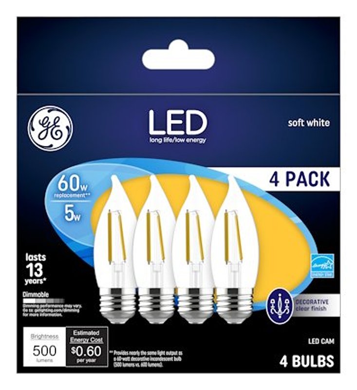 GE GE 93129342 Decorative LED Light Bulb, Bent Tip, CA11 Lamp, 60 W Equivalent, E26/24 Medium Lamp Base, Dimmable, Clear ELECTRICAL GE
