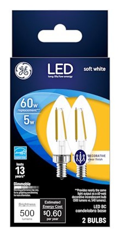GE GE 93129347 Decorative LED Light Bulb, BC Lamp, 60 W Equivalent, E12 Candelabra Lamp Base, Dimmable, Clear, Soft White Light ELECTRICAL GE