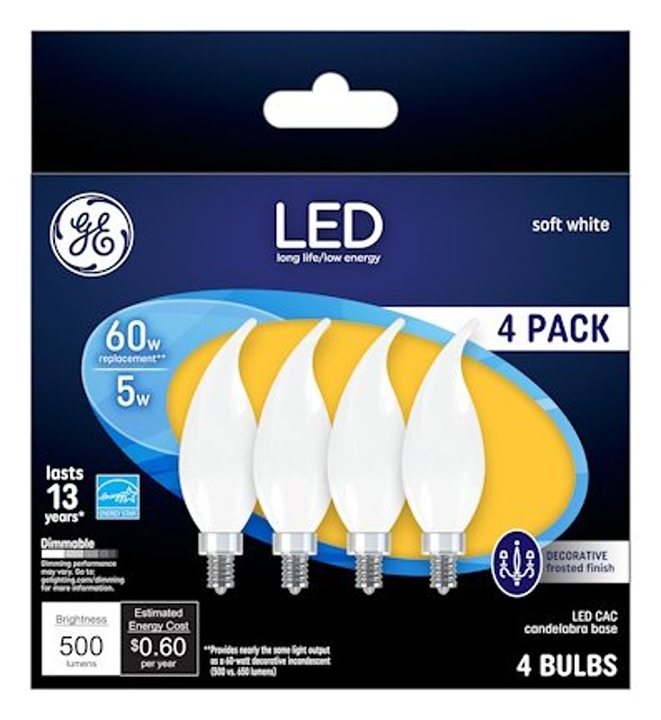 GE GE 93129350 LED Light Bulb, Bent Tip, CA11 Lamp, 60 W Equivalent, E12 Candelabra Lamp Base, Dimmable, Frosted ELECTRICAL GE